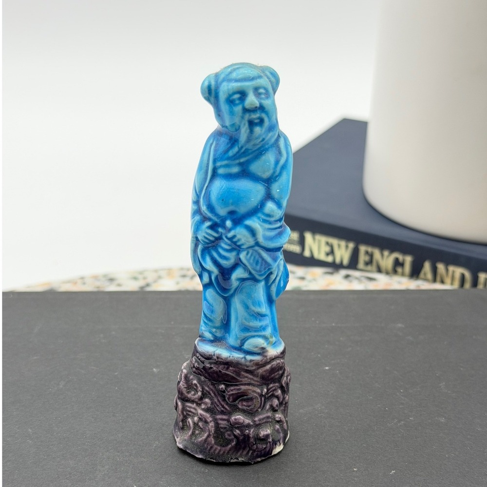 Antique Turquoise & Purple Clouds Glazed Ceramic Scholar Figurine 4.5" Asian